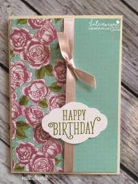 Birthday Card using Stampin Ups Petal Garden DSP, Pretty Label and Happy Birthday Gorgeous by Kate Morgan, Independent Demonstrator Australia 1