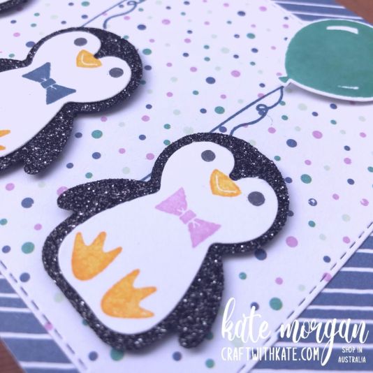 Glittered Birthday Penguins, Stampin Up 2021 by Kate Morgan, Australia close up
