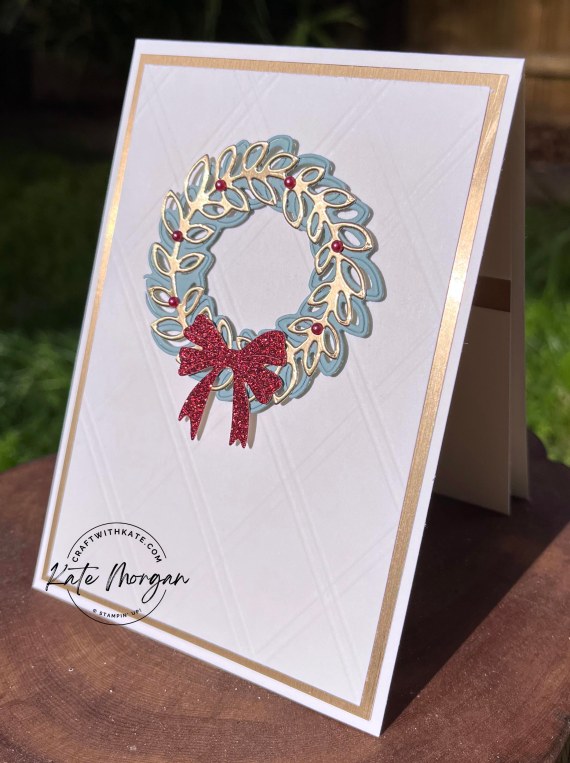 Cottage Wreaths with scored diamond background Christmas card by Kate Morgan, Stampin' Up Australia 2022 side