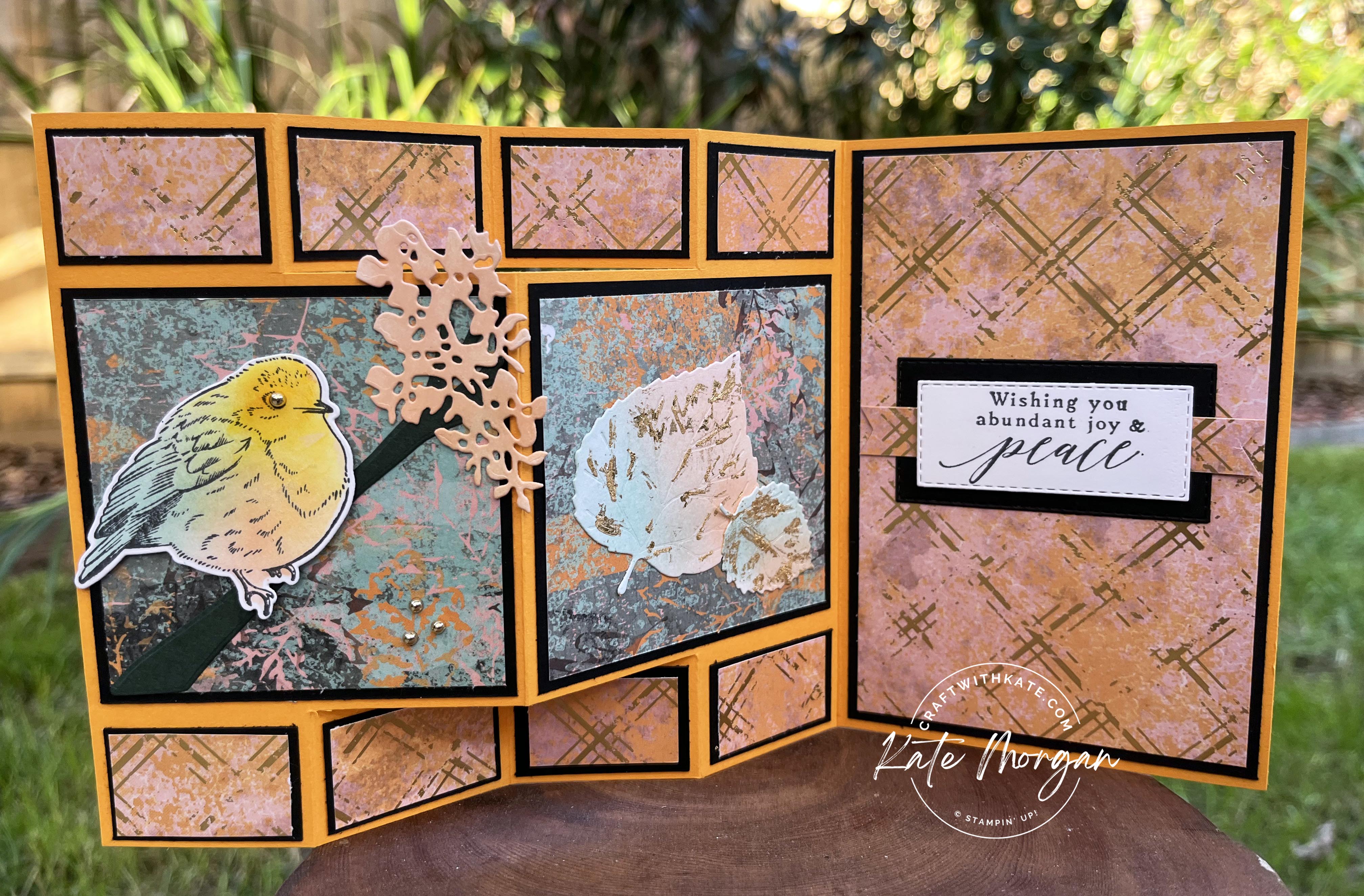 Trifold Shutter card using Stampin Up Texture Chic &amp; Perched in a Tree Bundle by Kate Morgan, Australia 2022 open