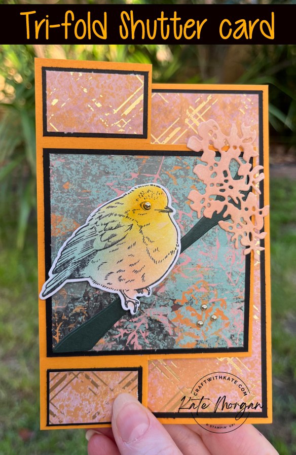 Trifold Shutter card using Stampin Up Texture Chic &amp; Perched in a Tree Bundle by Kate Morgan, Australia 2022