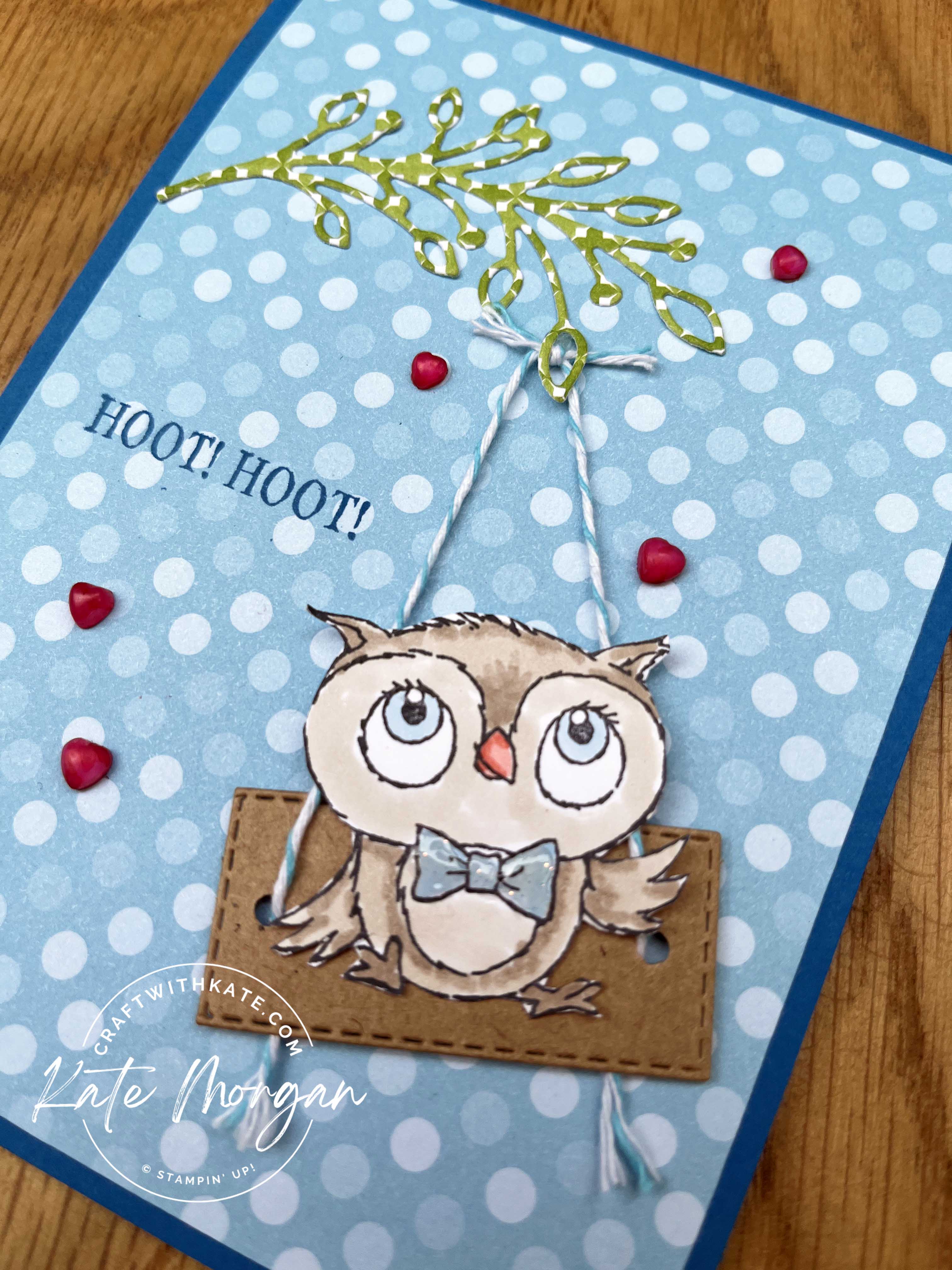 Adorable Owls on swing card for Pacific Point CCBH by Kate Morgan Stampin Up Australia SAB 2023 close up