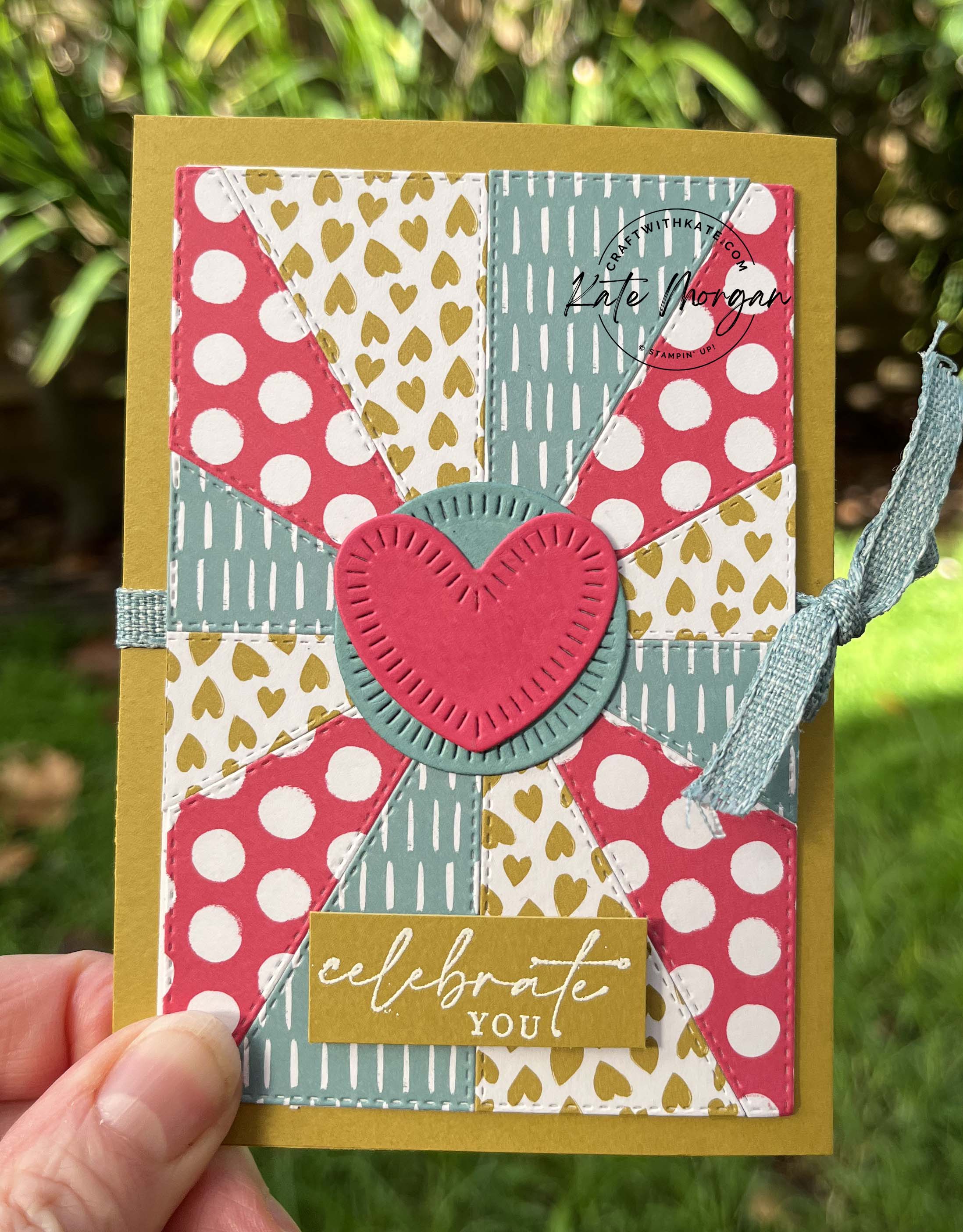 Patchwork Pieces Trifold Card Wild Wheat colour creations blog hop 2023 by Kate Morgan, Stampin Up Australia front