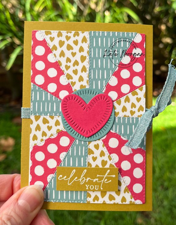 Patchwork Pieces Trifold Card Wild Wheat colour creations blog hop 2023 by Kate Morgan, Stampin Up Australia front