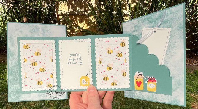 Bee Mine Fluffiest Friends Fancy Fold card Stampin Up Mini catalogue 2024 by Kate Morgan, Australia Online Exclusives 2023 fully open