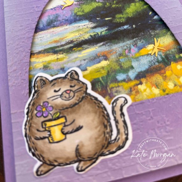 Window card Meandering Meadows DSP Fluffiest Friends by Kate Morgan, Stampin Up Australia 2023 Highland Heather feature
