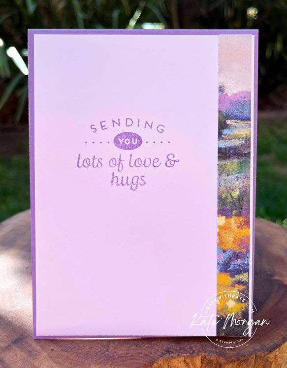 Window card Meandering Meadows DSP Fluffiest Friends by Kate Morgan, Stampin Up Australia 2023 Highland Heather inside