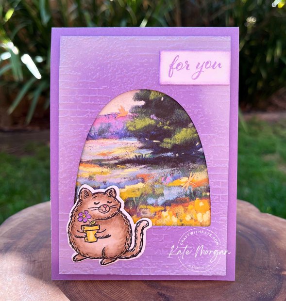 Window card Meandering Meadows DSP Fluffiest Friends by Kate Morgan, Stampin Up Australia 2023 Highland Heather