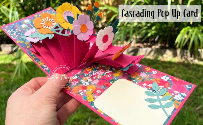 Cascading Pop Up card Paper Florist Masterfully Made DSP by Kate Morgan, Stampin Up Australia 2023 Melon Mambo Colour Creations Blog Hop open