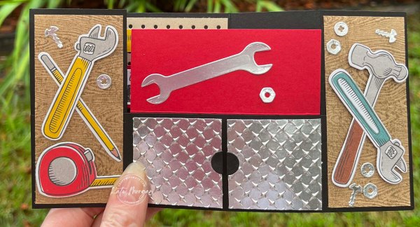 Trusty Tools Bench Fold Card by Kate Morgan, Stampin Up Australia 2024 flat