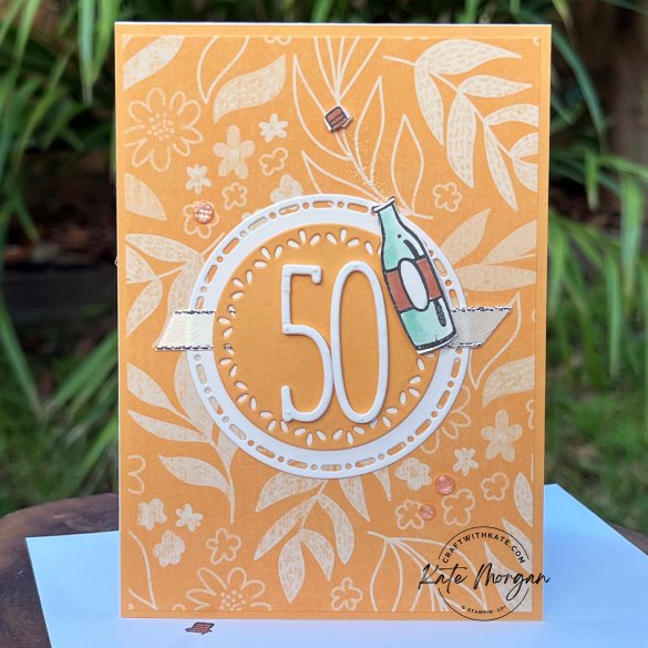 50th birthday card using Spotlight on Nature dies & Attention Shoppers for Peach Pie Colour Creations blog hop by Kate Morgan, Stampin Up Australia 2024